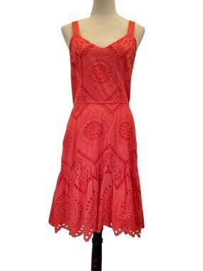 JAPNA SZ L Red Eyelet 100% Cotton Sundress Smocked Back Tiered Midi Dress